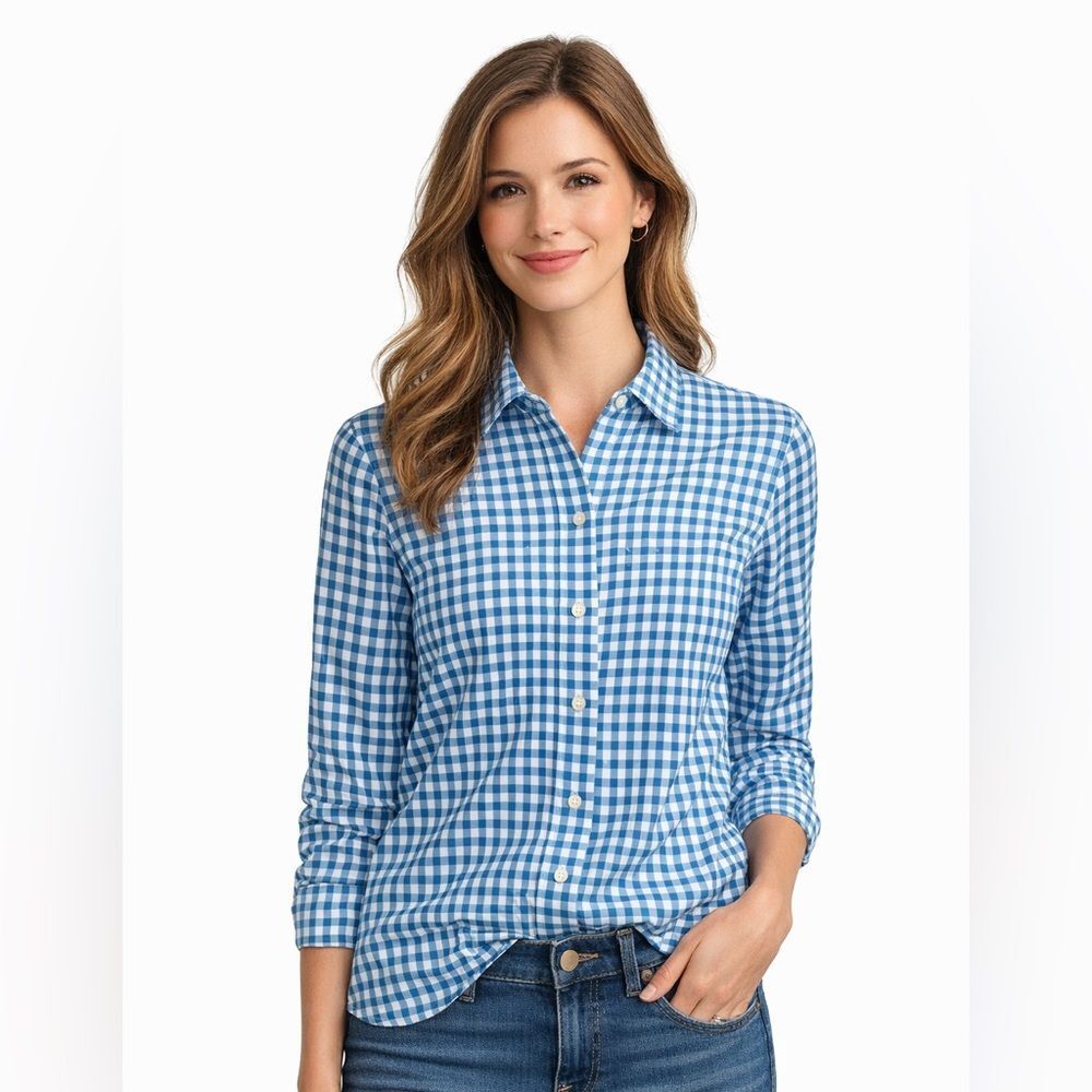 ANN MASHBURN Blue& White Gingham Button Front Blouse NWOT